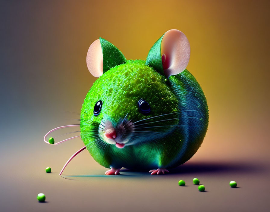 Illustration of mouse with green fruit blend, round ears, large eyes.