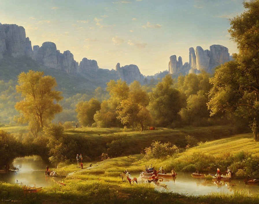 Tranquil landscape with people in boats on river amid cliffs