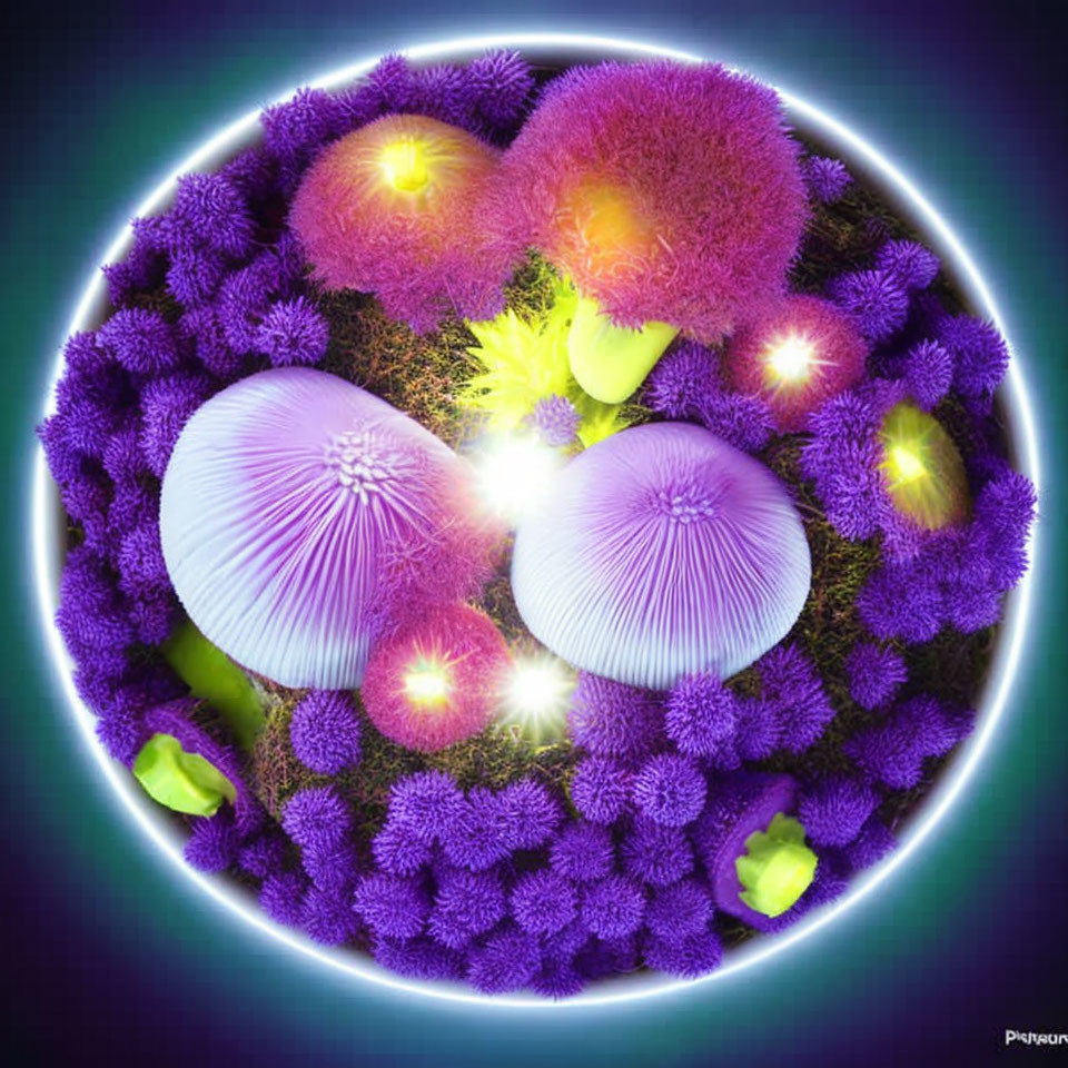 Colorful digital artwork: Purple flora sphere with neon green accents