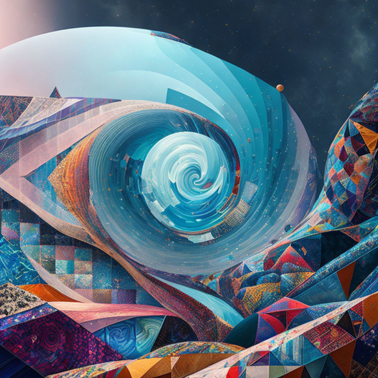 Colorful Digital Art: Swirling Portal in Geometric Landscape & Starry Sky