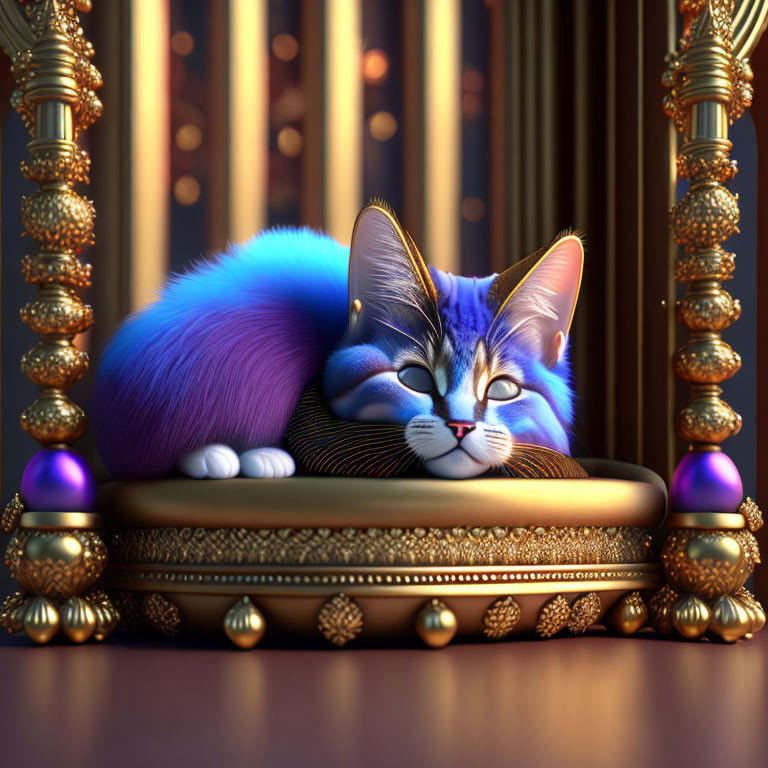 Blue Cat with Yellow Eyes on Golden Throne Surrounded by Pillars