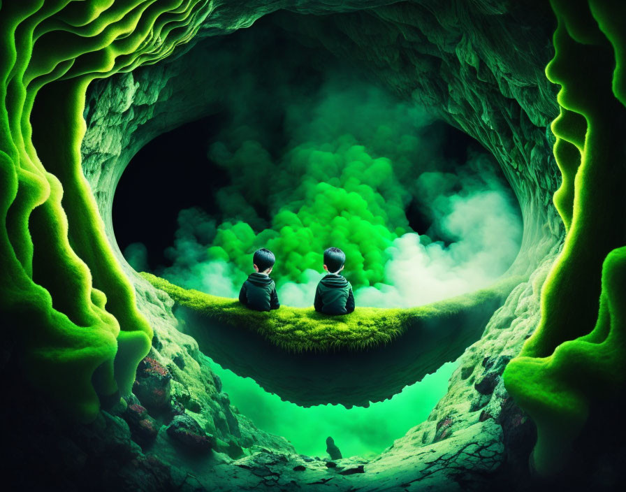 Two people sitting in a green cave overlooking misty abyss