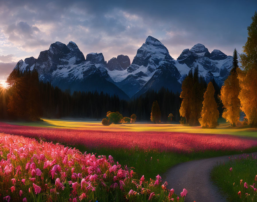 Scenic sunrise in mountain landscape with flower-lined path