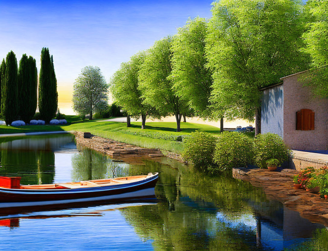 Serene riverside scene with green trees, moored boat, reflection, stone embankment,