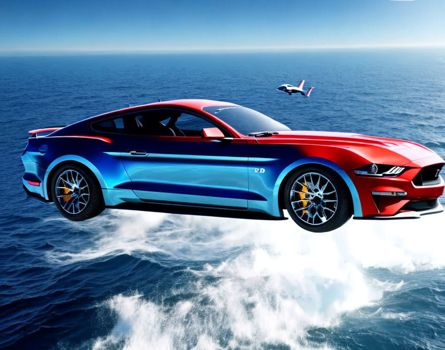 Blue Sports Car with Racing Stripes on Seascape with Seagull