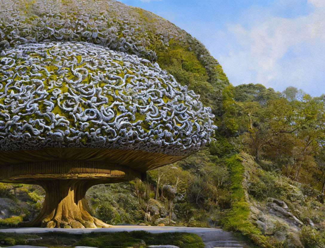 Oversized whimsical mushroom in hilly landscape