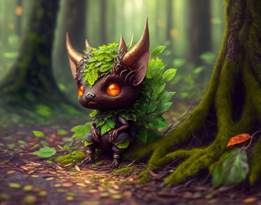 Enchanted forest creature with large eyes and horns among leaves