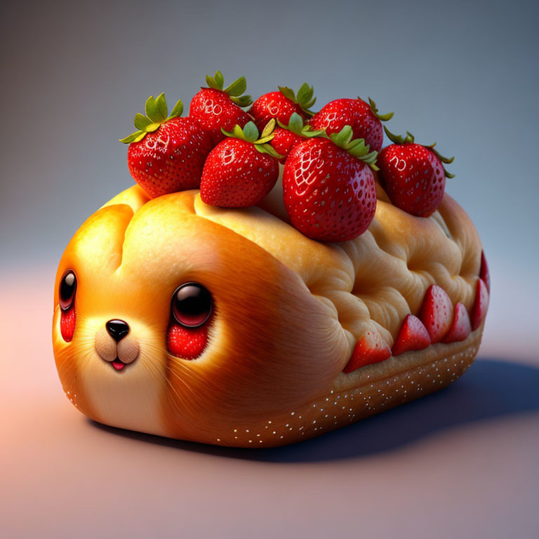 Whimsical digital artwork of cute dog with strawberry-topped bread