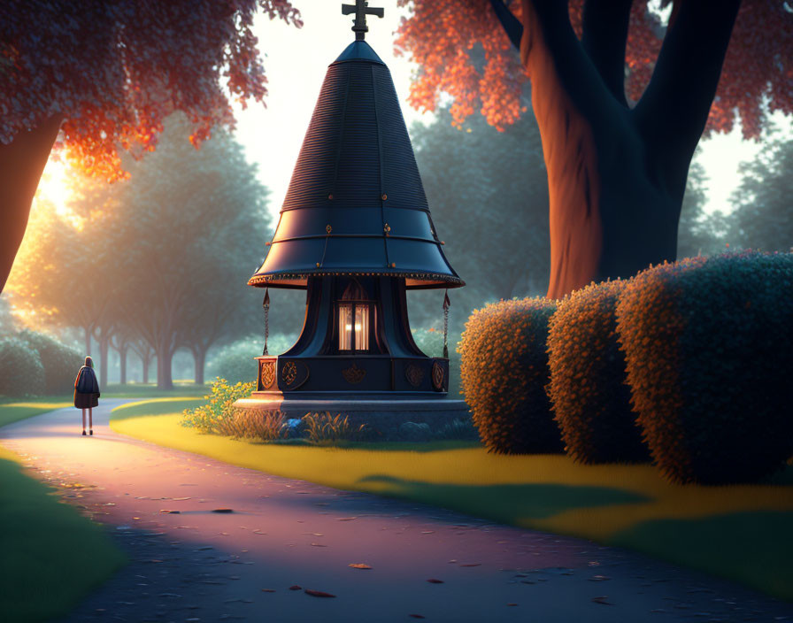 Solitary figure approaching large ornate lantern in serene park at dawn or dusk