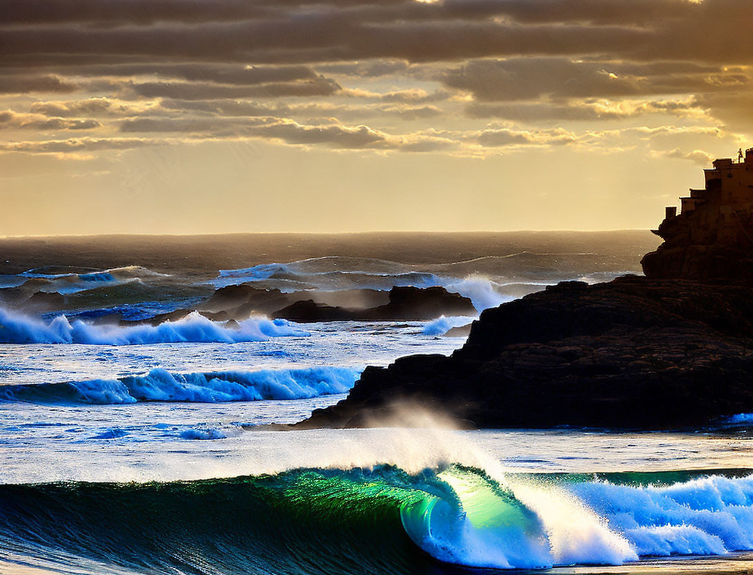 Sunset waves crash on rocky shores under golden light.