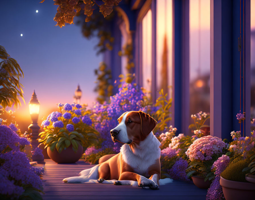 Tranquil dog on porch at twilight with purple flowers and lamp post