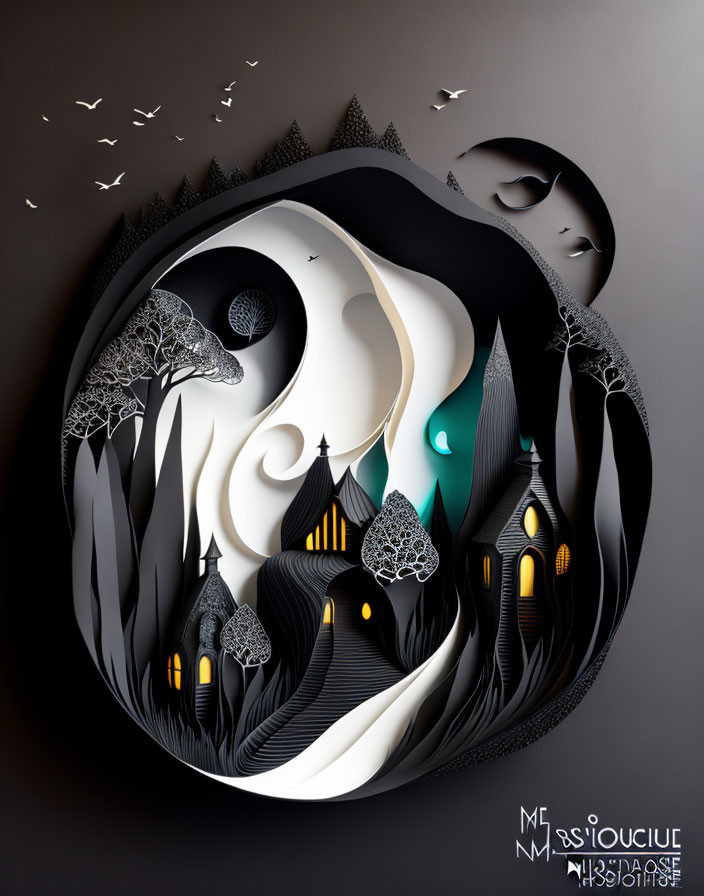 Layered Paper Art: Surreal Nighttime Landscape with Mountains, Moon, Trees, Birds, and