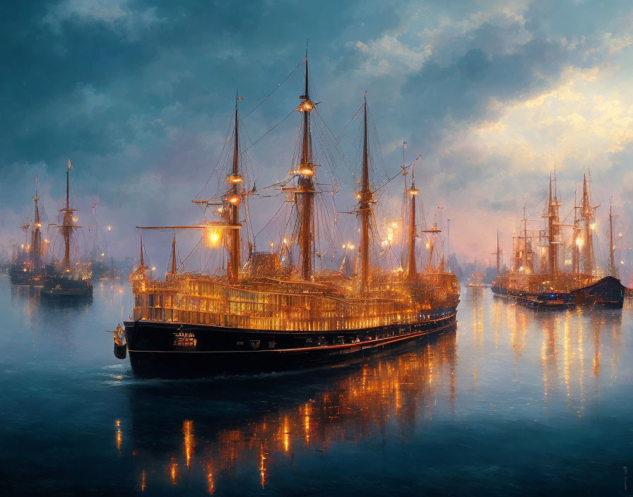 Vintage sailing ship illuminated on calm twilight waters