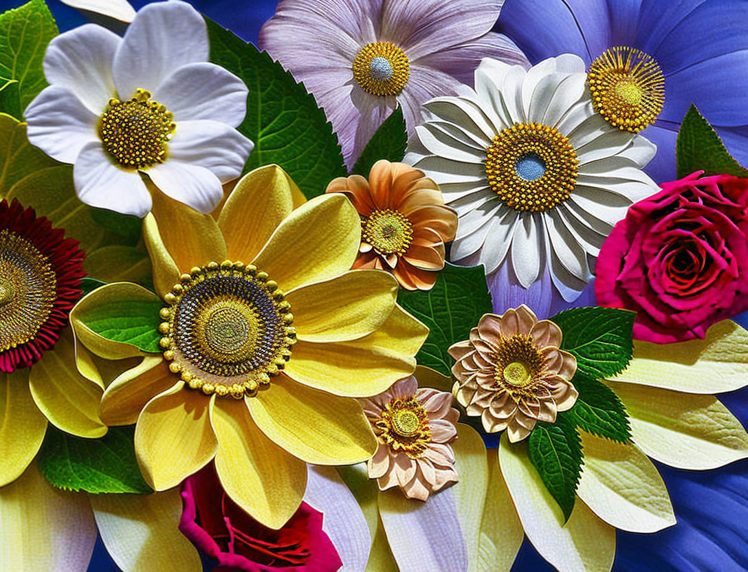 Colorful Artificial Flower Bouquet in Gold, White, and Blue Tones