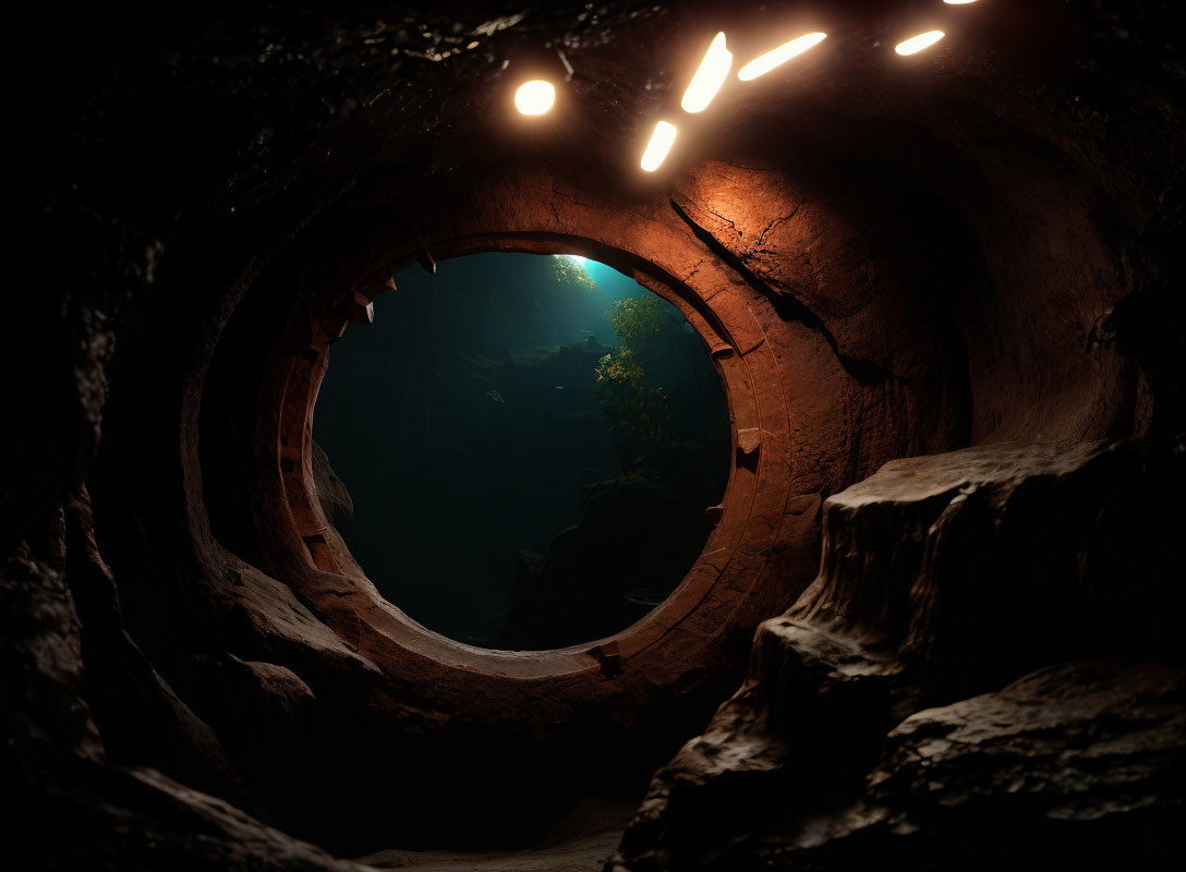 Circular Cave Opening Revealing Lush Greenery and Warm Lighting