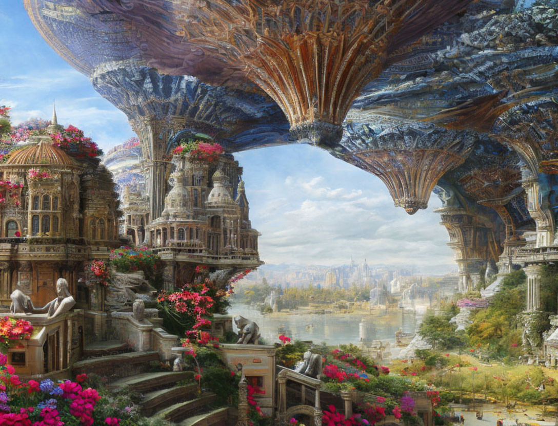 Ornate cityscape with alien structures above serene river valley