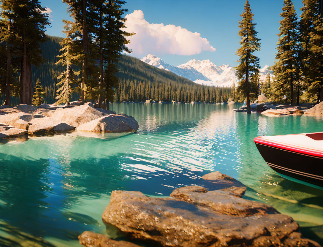 Tranquil Alpine Lake with Turquoise Waters, Pine Trees, Mountains, and Red Boat