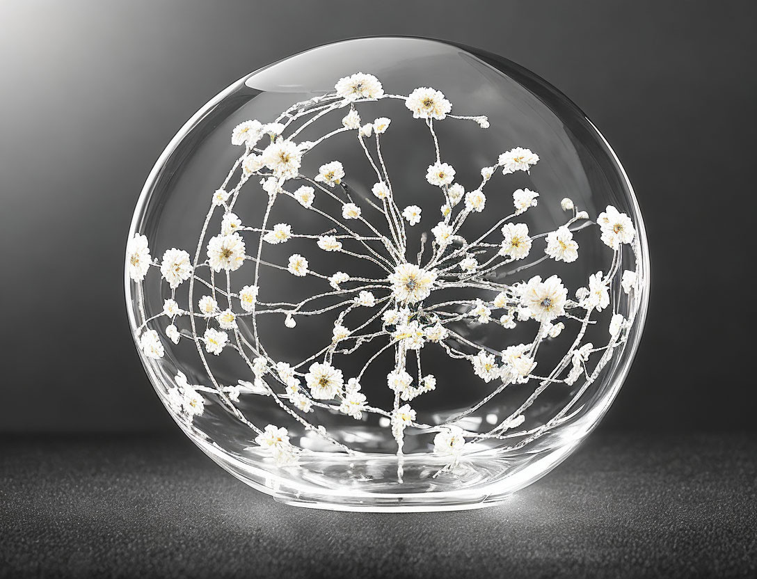 Transparent glass paperweight with white floral patterns on branching structures against dark background