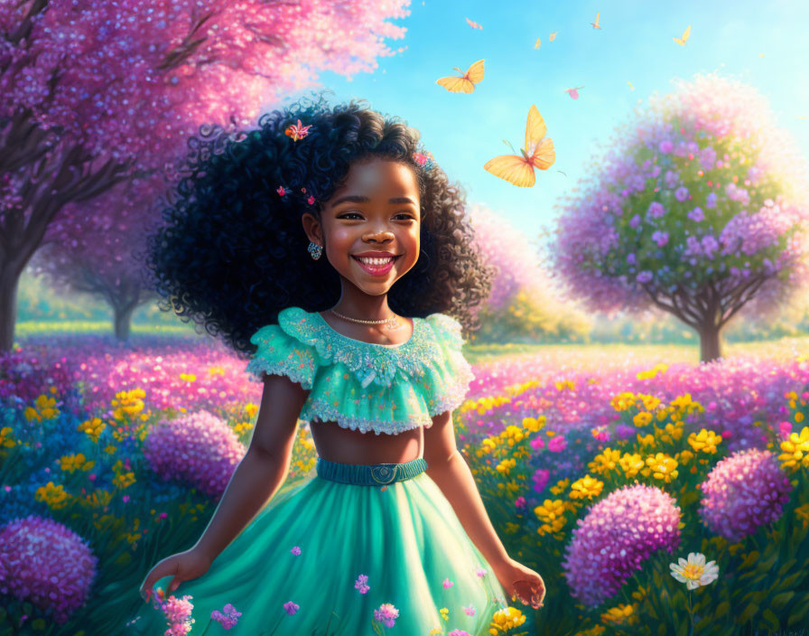 Curly-haired girl in vibrant flower field with butterflies