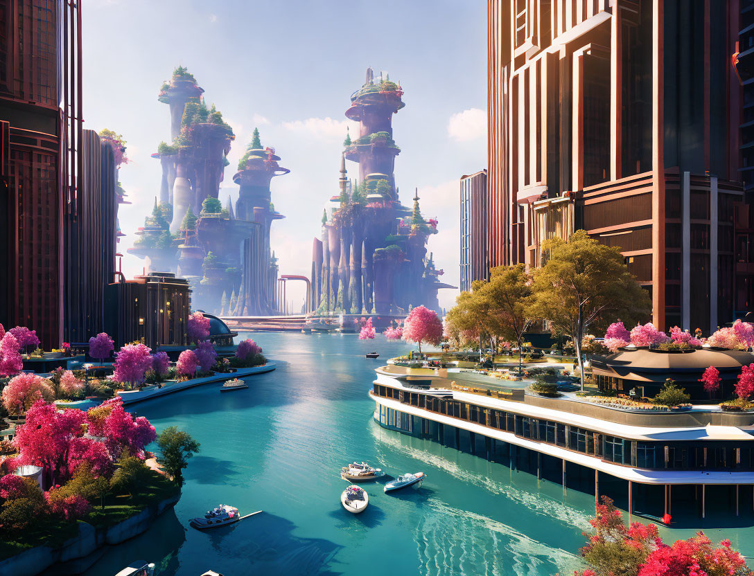 Futuristic cityscape with towering structures and pink foliage along waterways