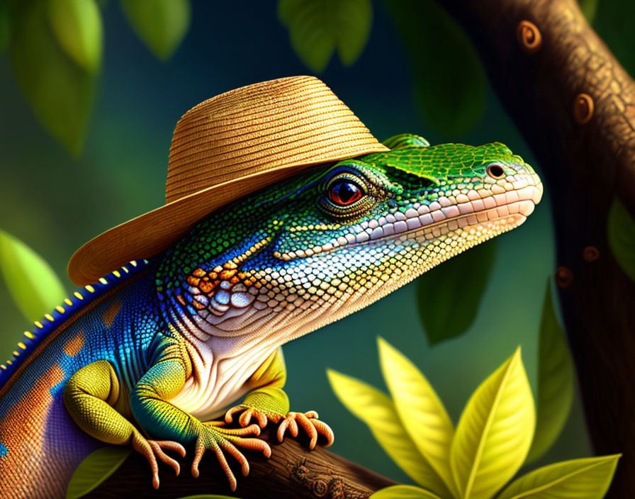 Colorful stylized lizard with straw hat on branch against green leaves