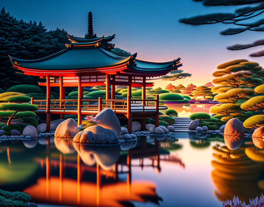 Traditional Japanese garden with red bridge, pine trees, stones, and serene pond at dusk