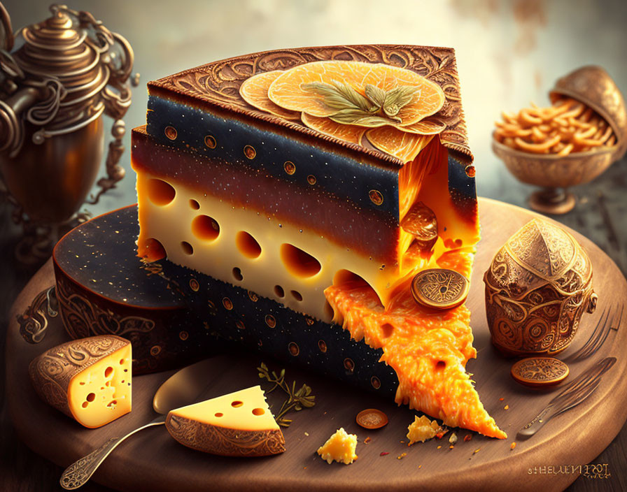 Whimsical cheese block cake with cosmic patterns and stars on wooden board