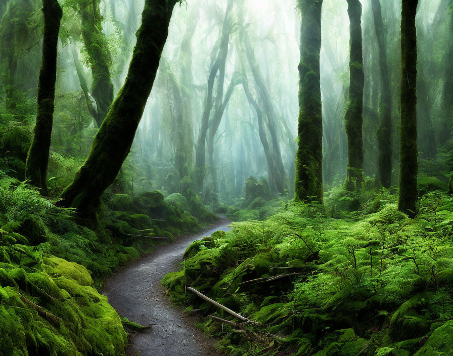 Serene forest scene with moss-covered trees and misty atmosphere