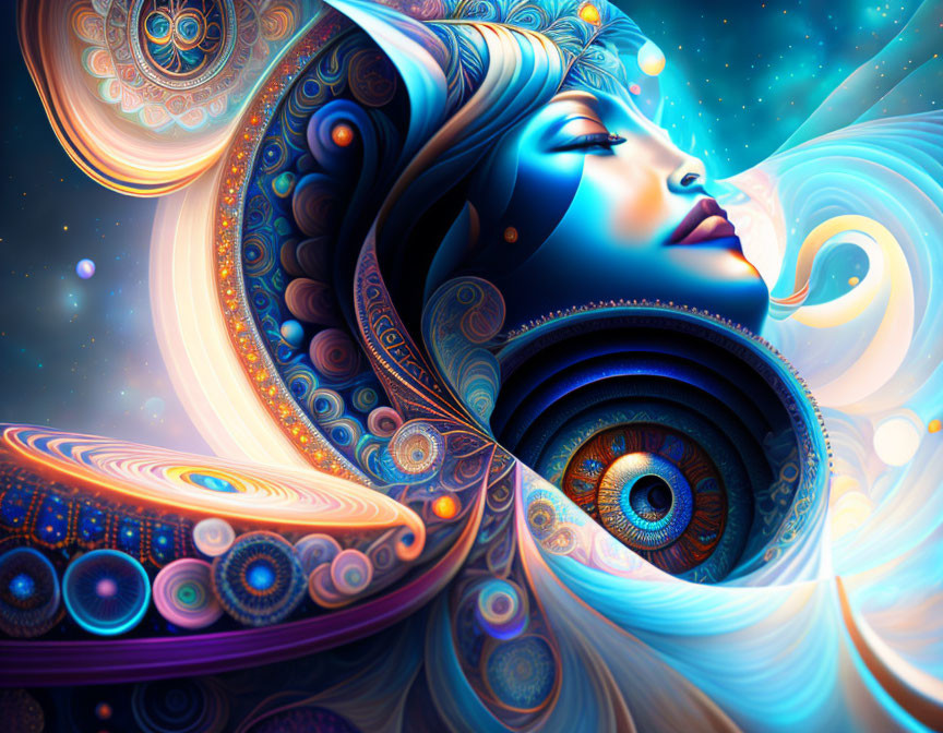 Colorful Surreal Digital Artwork of Woman's Face with Abstract Patterns