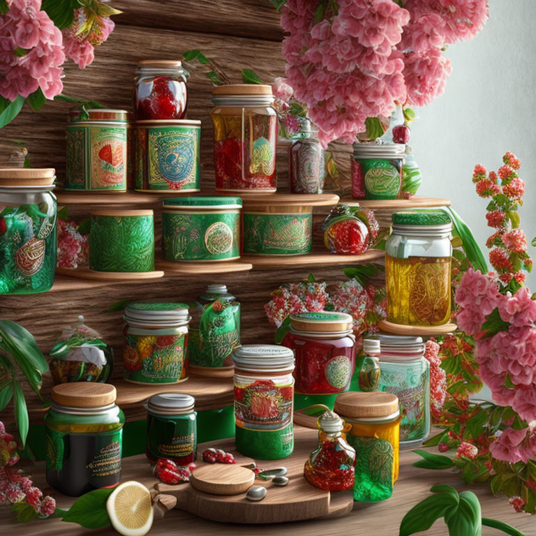 Colorful Decorated Jars with Preserves and Flowers on Wooden Shelves