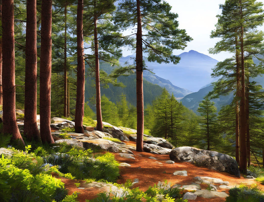 Tranquil forest landscape with tall pine trees and rocky path