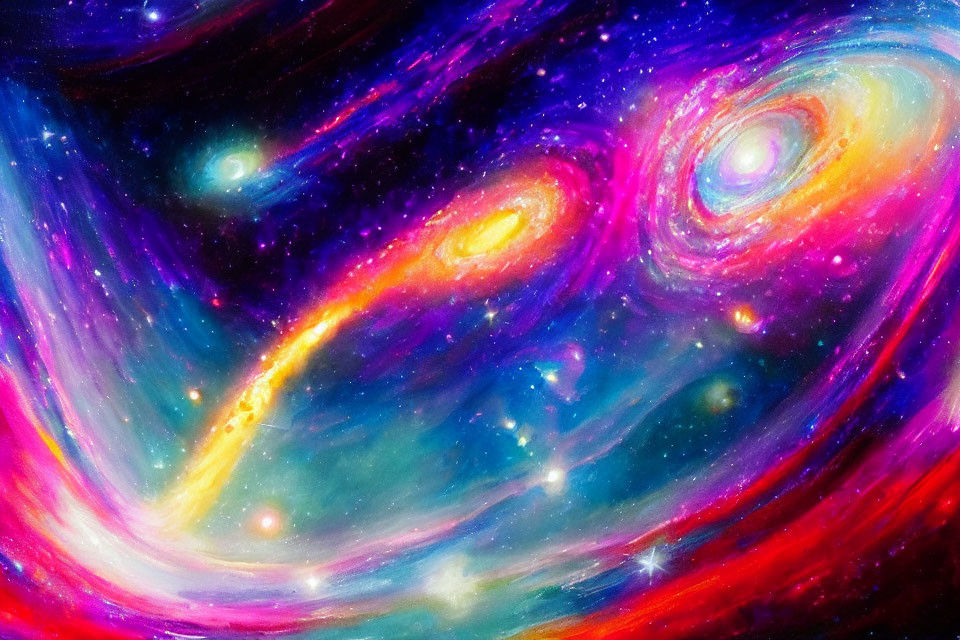 Colorful cosmic digital artwork featuring swirling galaxies and bright stars