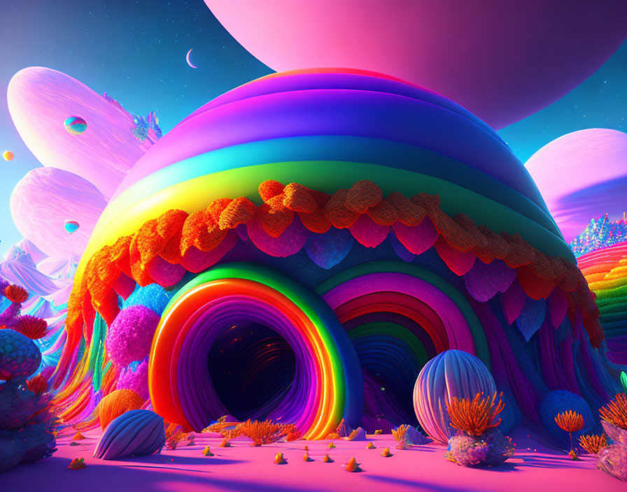 Colorful fantasy landscape with rainbow tunnel, alien flora, and giant planets in magenta sky