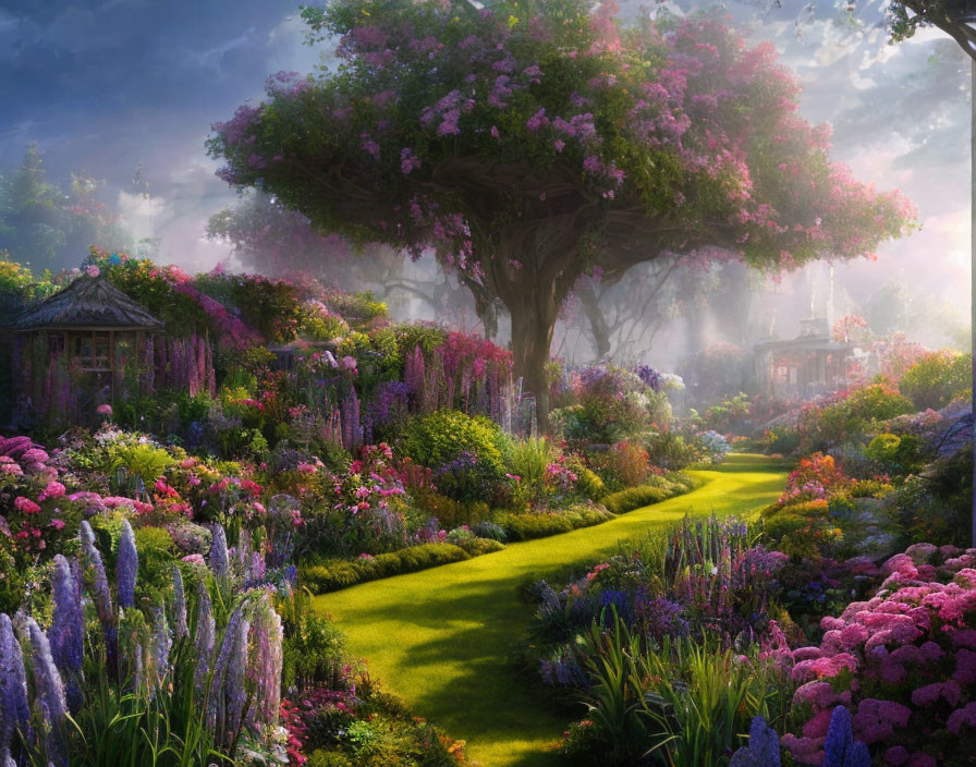 Blooming garden with vibrant flowers, winding path, and large tree in soft sunlight.