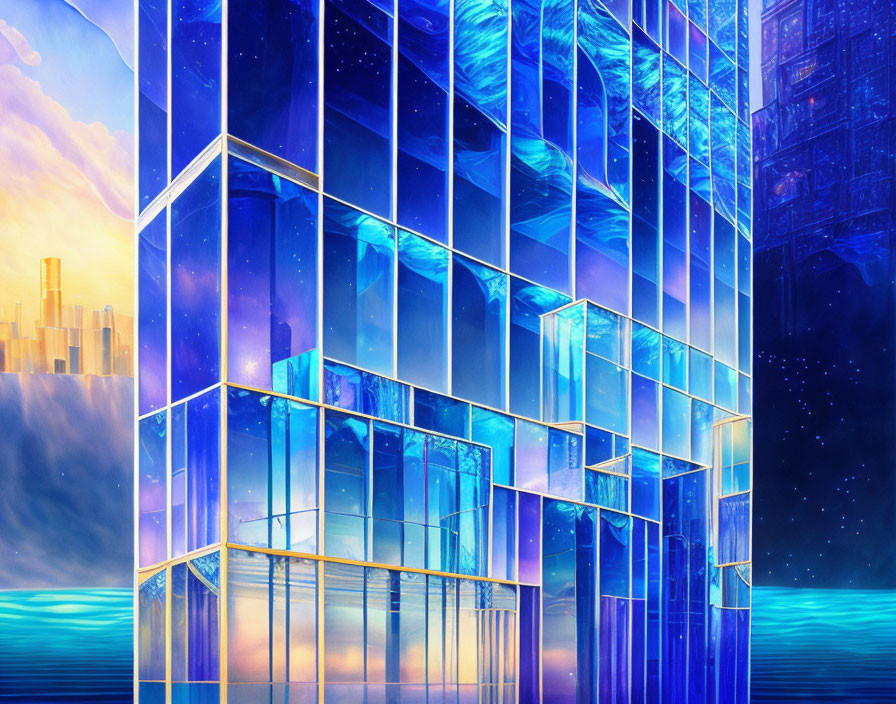 Futuristic digital artwork: Blue skyscrapers against cosmic sky