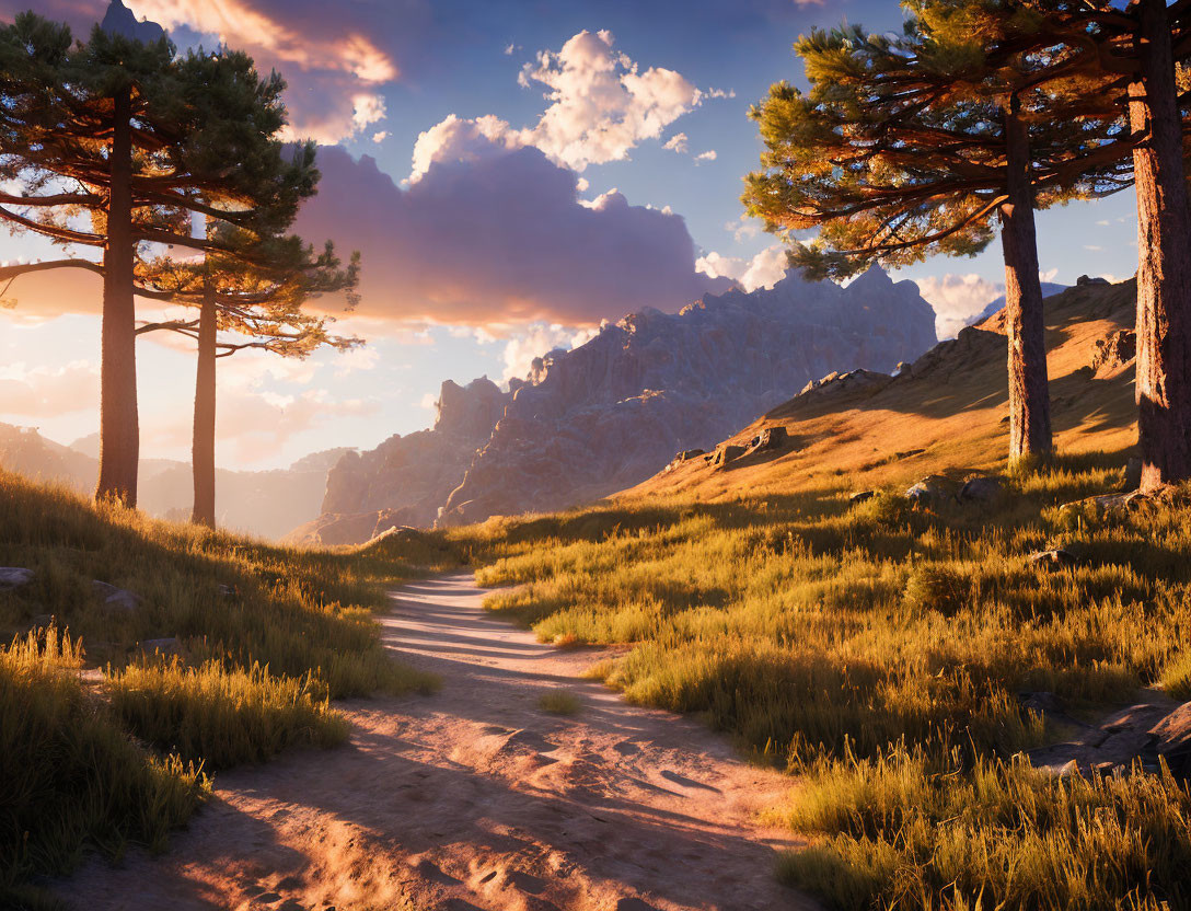 Tranquil landscape: winding path, pine trees, grassy fields, sunset-lit mountains