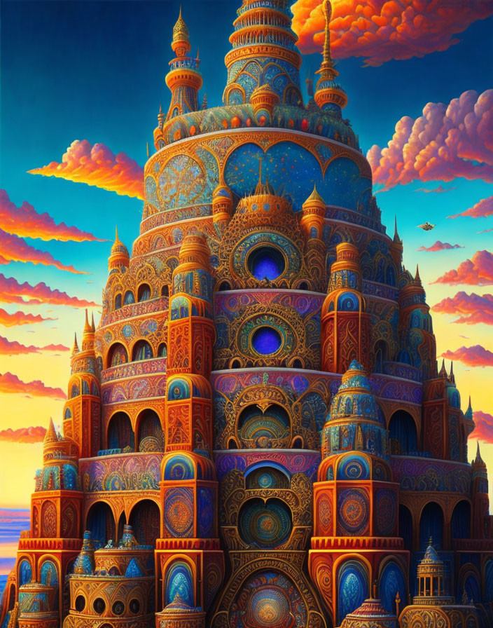 Ornate castle with domes in golden sunset light