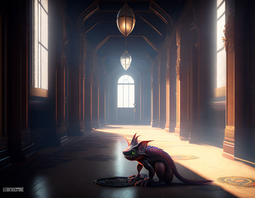 Colorful dragon-like creature in sunlit corridor with lanterns & woodwork