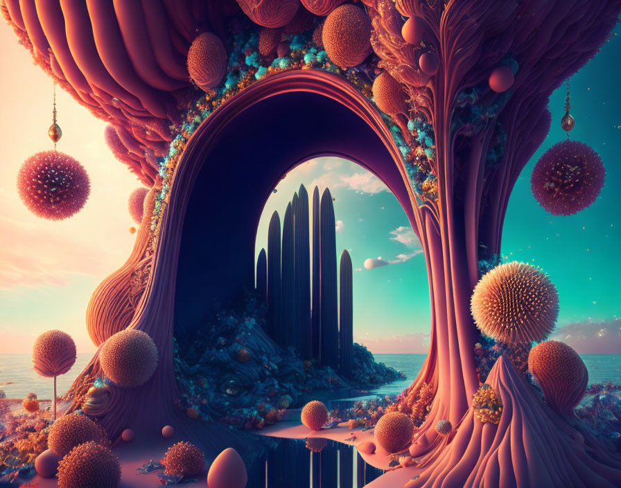 Surreal landscape with organic archway, mushroom structures, and floating orbs