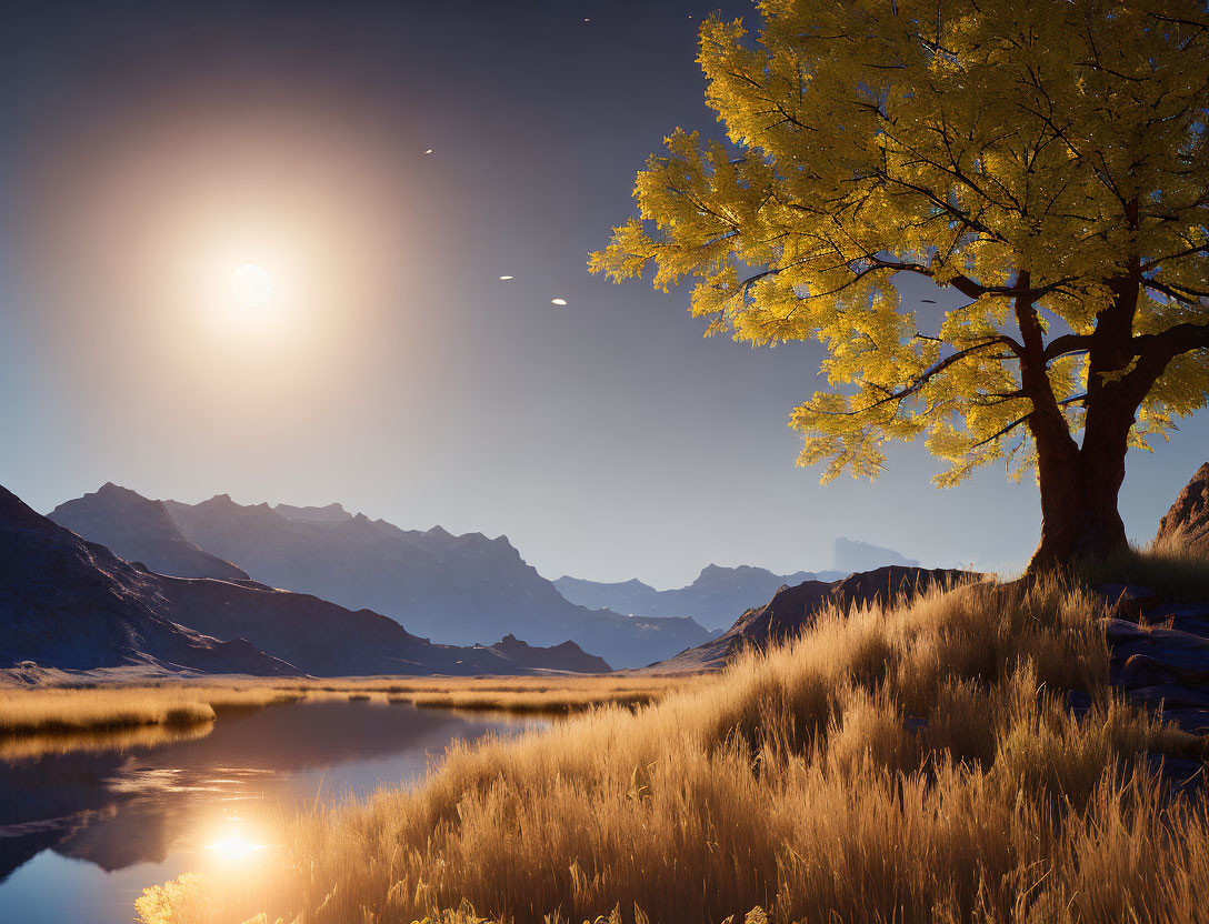 Tranquil landscape with glowing yellow tree by calm lake