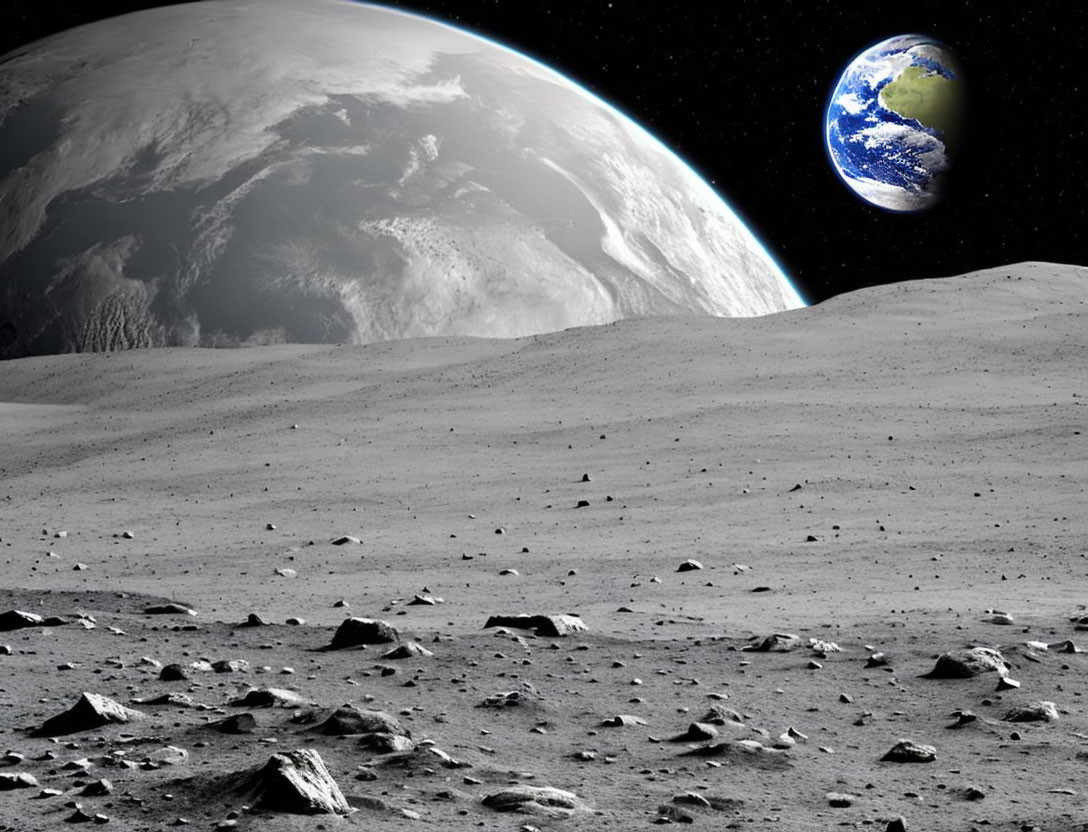 Detailed lunar landscape with rocky foreground and vivid Earth rising over horizon.