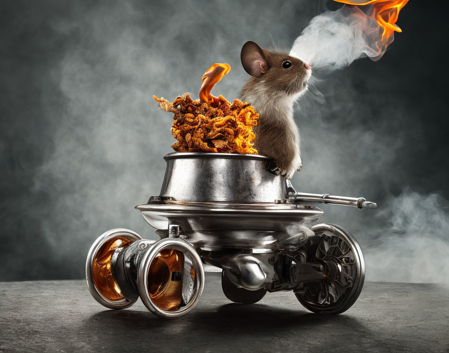 Whimsical mouse on silver hot rod pot with flames on grey background