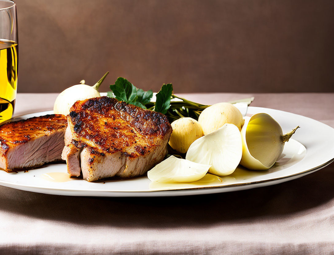 Juicy grilled pork chops with onions, sauce, and greens on a plate.