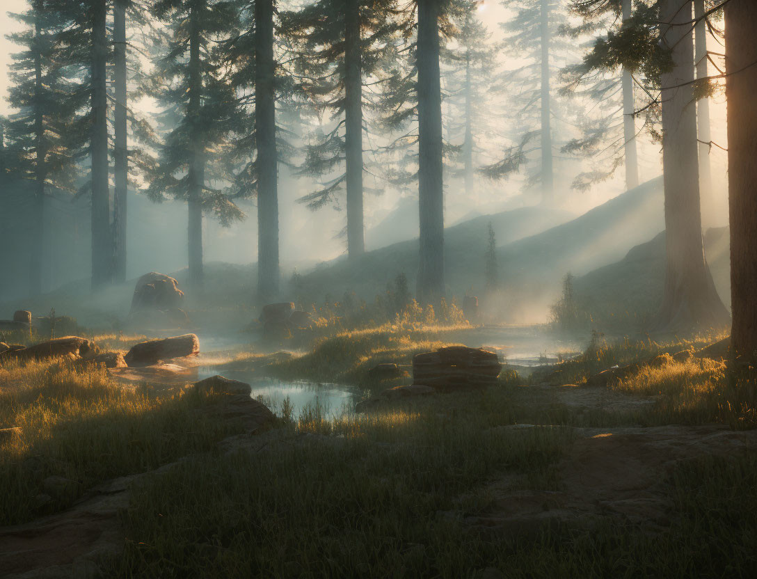 Misty forest scene with sunlight, serene stream, and tall pine trees