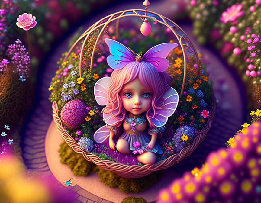 Fantastical illustration of cute fairy with purple wings in flower-filled basket