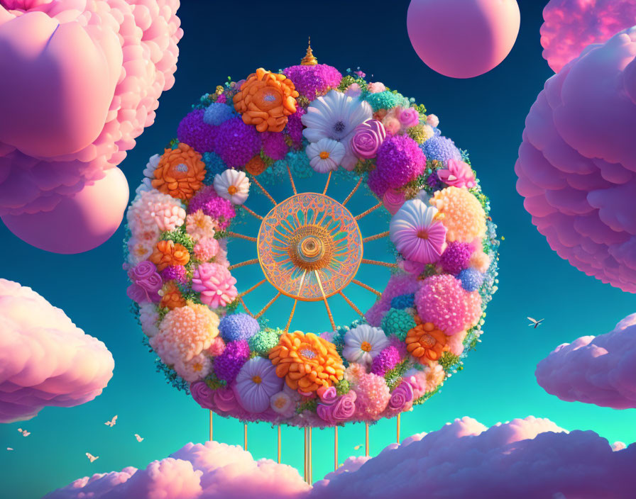 Colorful floral Ferris wheel in whimsical sky setting