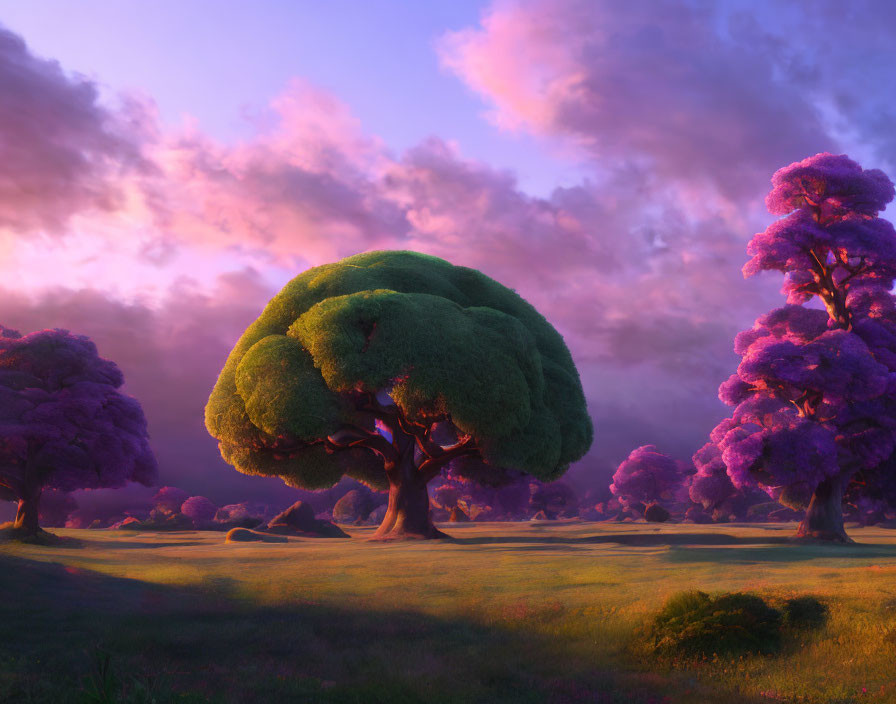 Serene meadow with purple-leafed trees under sunset sky