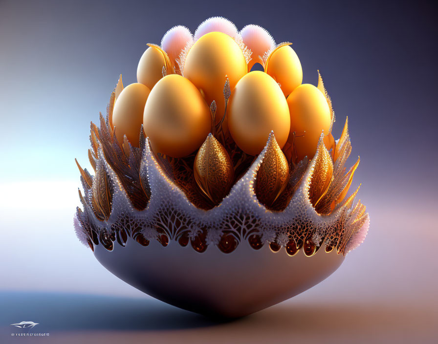 Golden Glowing Eggs in Organic Vessel with Lace-like Structures