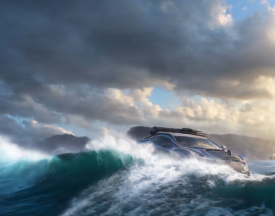 Futuristic car surfing large wave in stormy skies