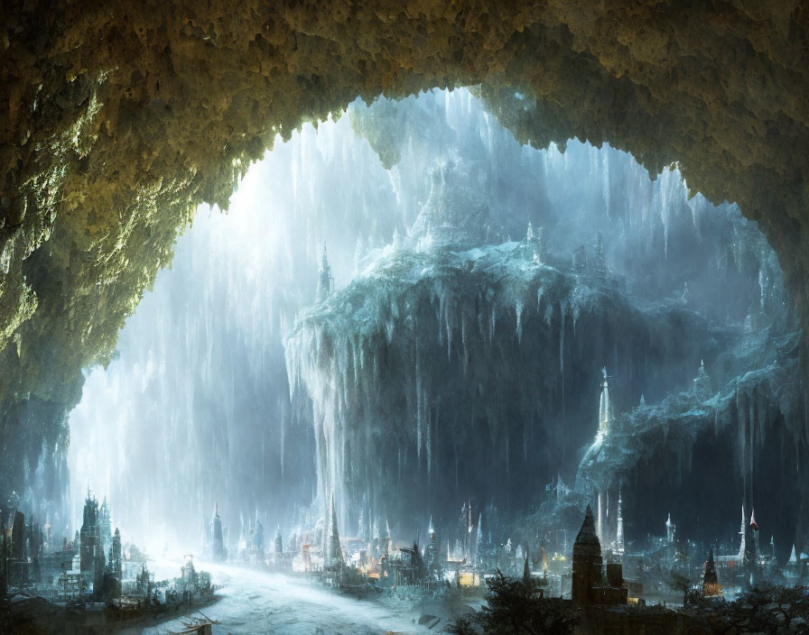 Majestic underground cave with towering stalactites and ethereal light